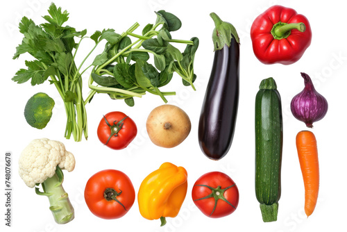 Top-down view, collection of vegetables isolated on transparent background.