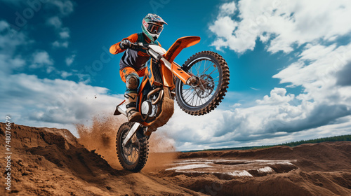 An offroad motocross motor bike, in mid air during a jump with a dirt trail with blue sky. Motorcycle stunt or car jump photo