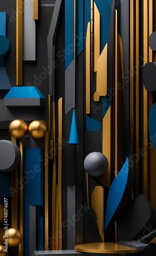 Abstract modern art. golden, blue, gray, black and wooden shapes with golden lines, Generative AI