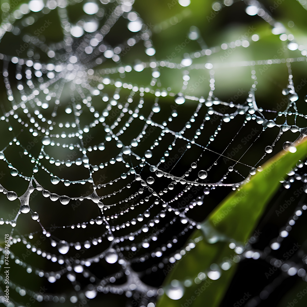 A close-up shot of a dew-covered spiderweb in a garden.