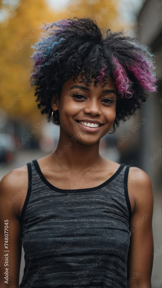Fototapeta premium Happy and laughing young black EMO girl with bright hair