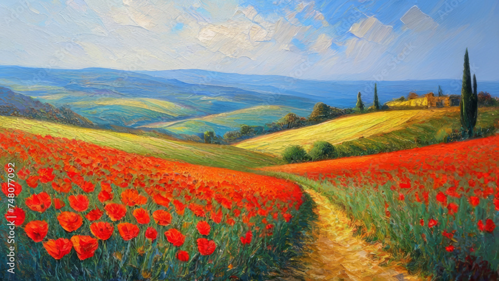 Poppies field in Tuscany, Italy. Digital painting