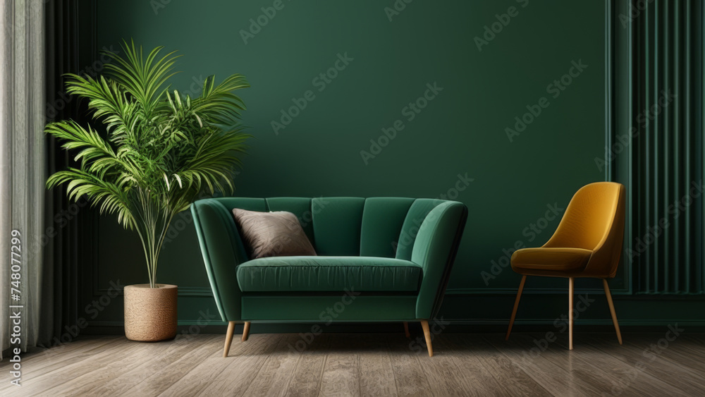 Green living room interior with armchair and plant - 3d rendering Green living room interior with armchair and plant - 3d rendering