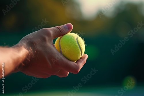 Man serving tennis ball in tennis court outdoors. Tennis player holds tennis ball in his hand before serving