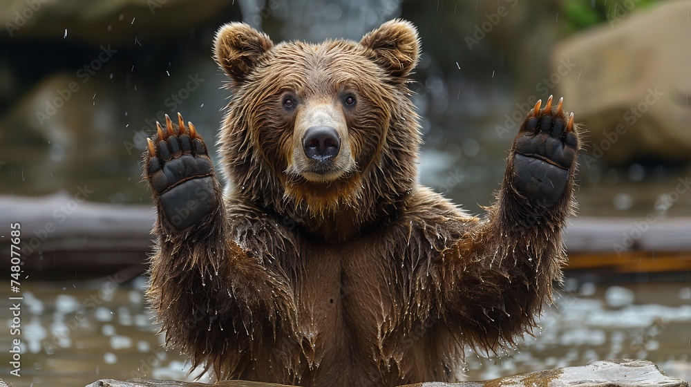 A funny greeting at the zoo from a grizzly bear - obrazy, fototapety, plakaty 