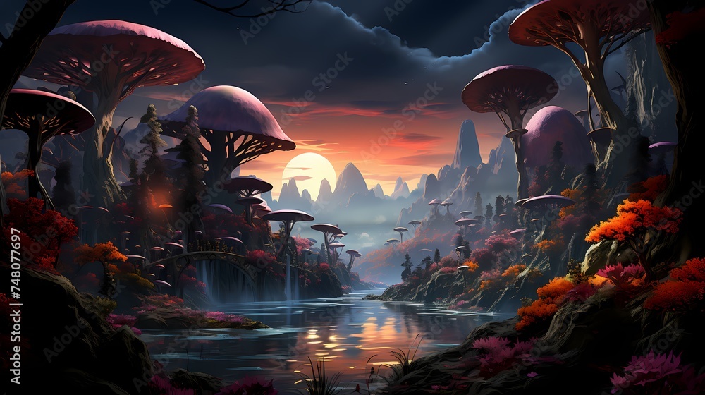 An artistic composition featuring a digital painting of a surreal landscape, with floating islands and fantastical creatures, evoking a sense of imagination and wonder. - obrazy, fototapety, plakaty 