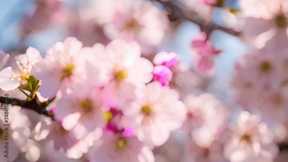 Spring's Pink Cherry Blossoms: A close-up view of delicate pink cherry blossoms blooming on branches, adding beauty to the spring season Spring's Pink Cherry Blossoms: A close-up view of delicate pink cherry blossoms blooming on branches, adding beauty to the spring season