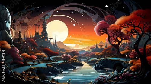 An artistic composition featuring a digital painting of a surreal landscape, with floating islands and fantastical creatures, evoking a sense of imagination and wonder. photo