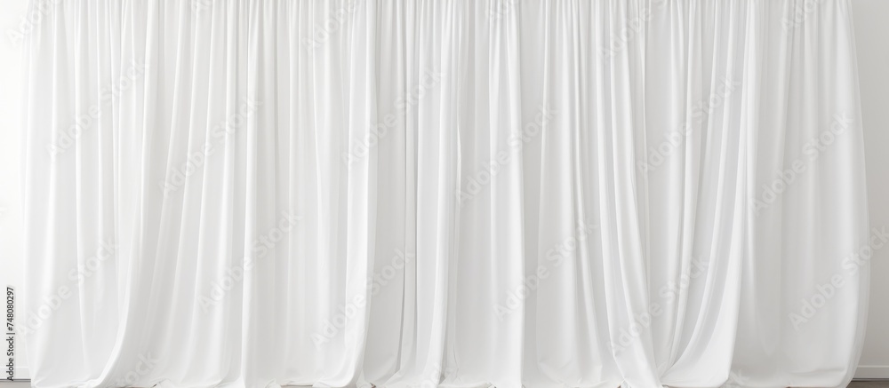 Obraz premium A temporary white curtain hangs in front of a window, gently swaying in the breeze. The soft fabric partially obscures the view outside, adding a touch of privacy to the room.