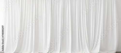 A temporary white curtain hangs in front of a window, gently swaying in the breeze. The soft fabric partially obscures the view outside, adding a touch of privacy to the room. photo
