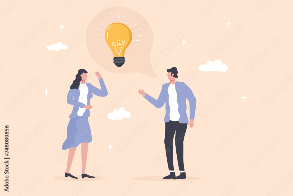 Negotiations in the office. Problem solving concept. An electric light bulb is a symbol of an idea Negotiations in the office. Problem solving concept. An electric light bulb is a symbol of an idea