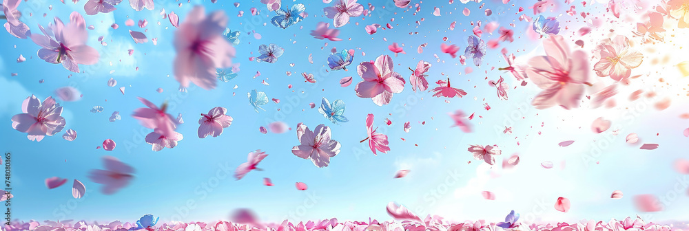 pink blossoms falling from the  sky  on blue sky background,	pink cherry blossoms wallpaper banner, empty space background
 - obrazy, fototapety, plakaty 