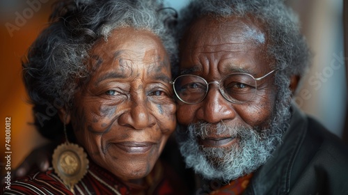 During the Covid-19 epidemic, a senior African American couple spend time at home together, embracing and smiling