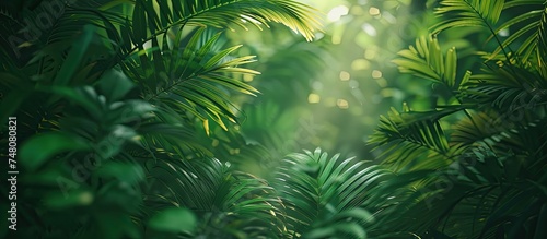 A dense and vibrant forest filled with an abundance of green leaves creating a lush canopy. The scene is rich with various shades of green  showcasing the thriving ecosystem within this natural