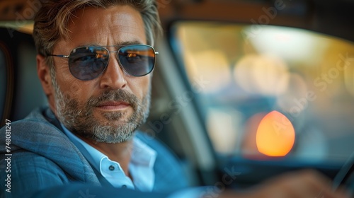 A suited man driving a car wearing sunglasses