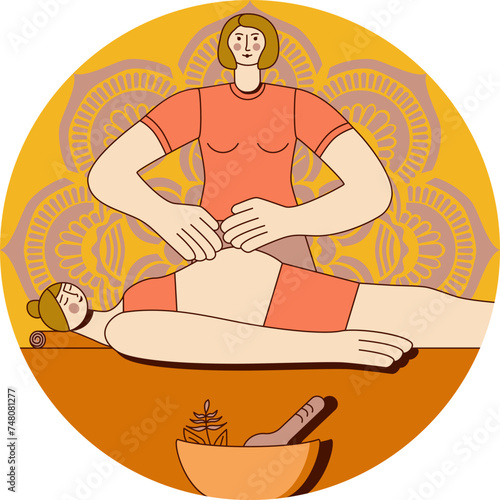 Massage for pregnant woman by professional therapist in spa. Isolated flat vector illustration in circle shape.