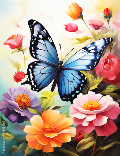 A butterfly on a flower with a blurred background with Ai generated. 