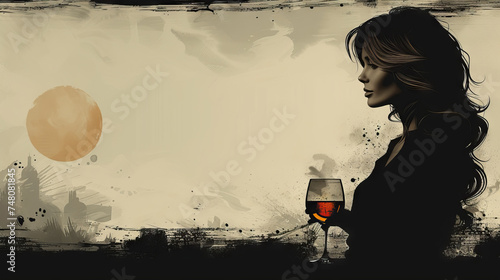 Illustration of a pregnant woman with a glass of wine. Concept: a girl expecting a child, prohibition of alcoholism and addiction, harm to health photo