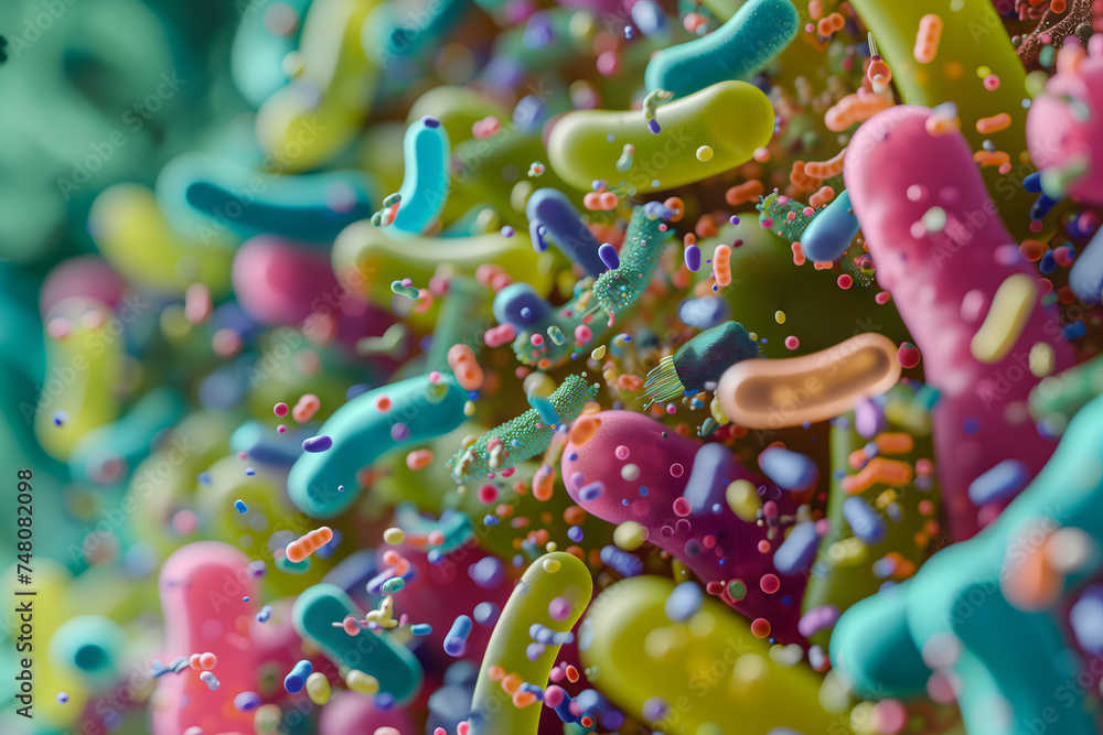 Diverse colorful abstract microbiome, containing many different types of microorganisms. Neural network generated in January 2024. Not based on any actual scene or pattern.