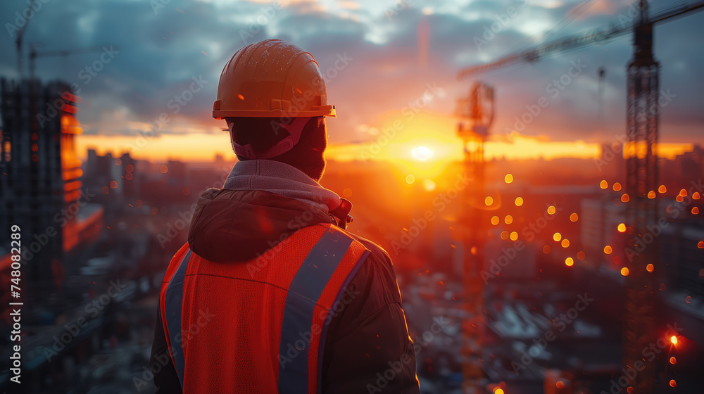 A young architect or builder stands on the roof of a building during construction against the background of a cargo crane, at sunset. Inspects the territory and work plan.