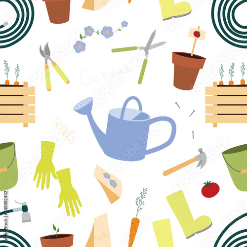 Seamless pattern with gardening equipment watering can, hedge shears, garden pruners, rubber boots, planting pots