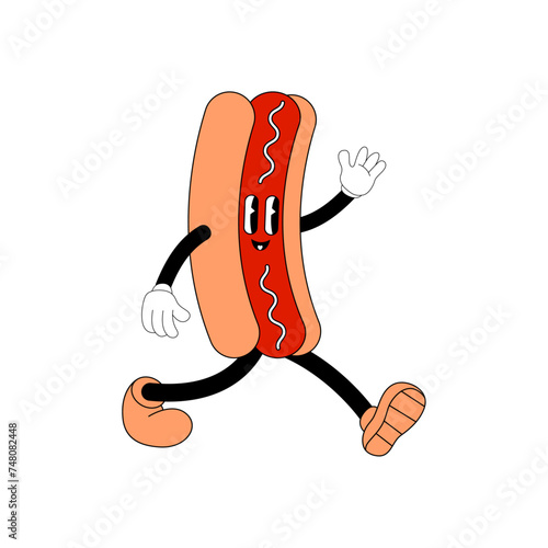 Hotdog mascot in retro cartoon style.