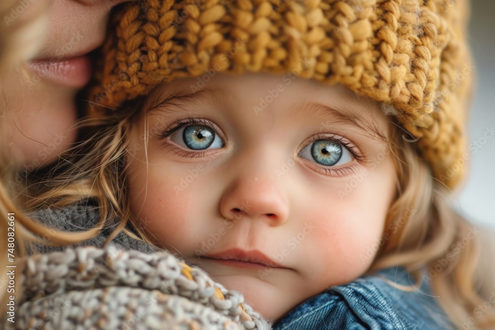Detailed close-up of a toddler's face with captivating blue eyes and a knitted hat, suggesting innocence and curiosity Detailed close-up of a toddler's face with captivating blue eyes and a knitted hat, suggesting innocence and curiosity