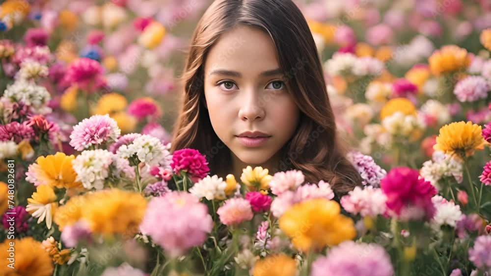 Young girl face surrounded with many colorful flower blooms. Slow motion 4K video Young girl face surrounded with many colorful flower blooms. Slow motion 4K video