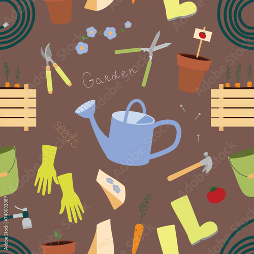 Seamless pattern with gardening equipment watering can, hedge shears, garden pruners, rubber boots, planting pots
