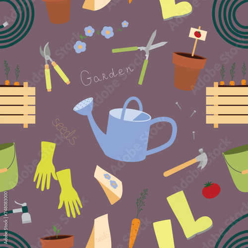 Seamless pattern with gardening equipment watering can, hedge shears, garden pruners, rubber boots, planting pots