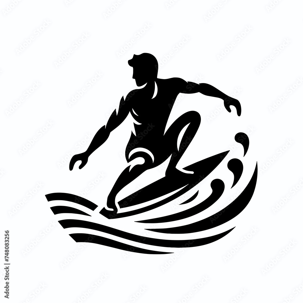 Surfer on the surfboard, black and white vector illustration, ocean wave surfing icon, generative ai Surfer on the surfboard, black and white vector illustration, ocean wave surfing icon, generative ai