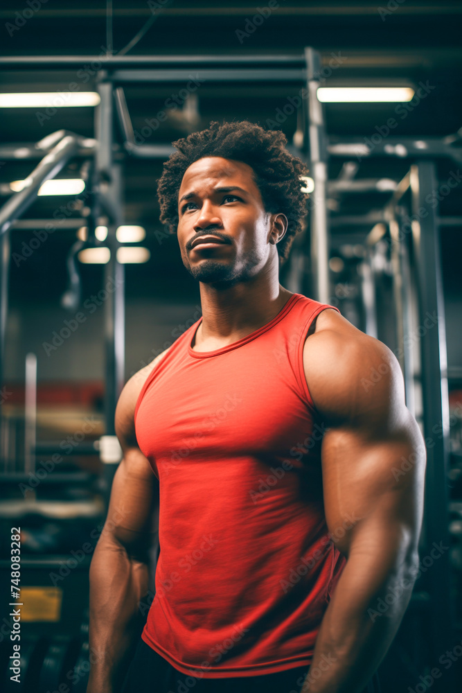 African American man in red tank top posing in gym African American man in red tank top posing in gym