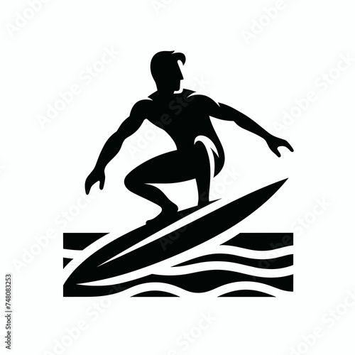 Surfer silhouette on a white background. Surfing sport vector illustration, surfboard icon, generative ai