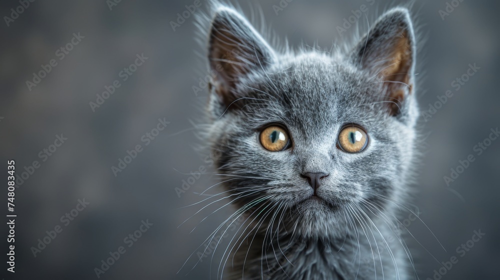 Photograph of a 6 month old lilac British shorthair kitten looking at the camera, against a gray background
