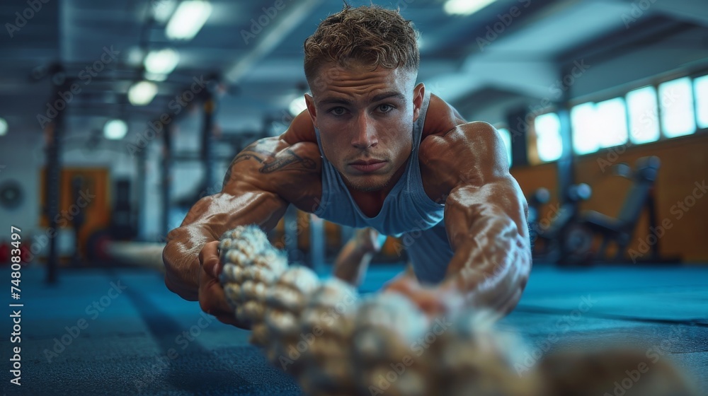 An athlete doing rope exercises in the gym - obrazy, fototapety, plakaty 