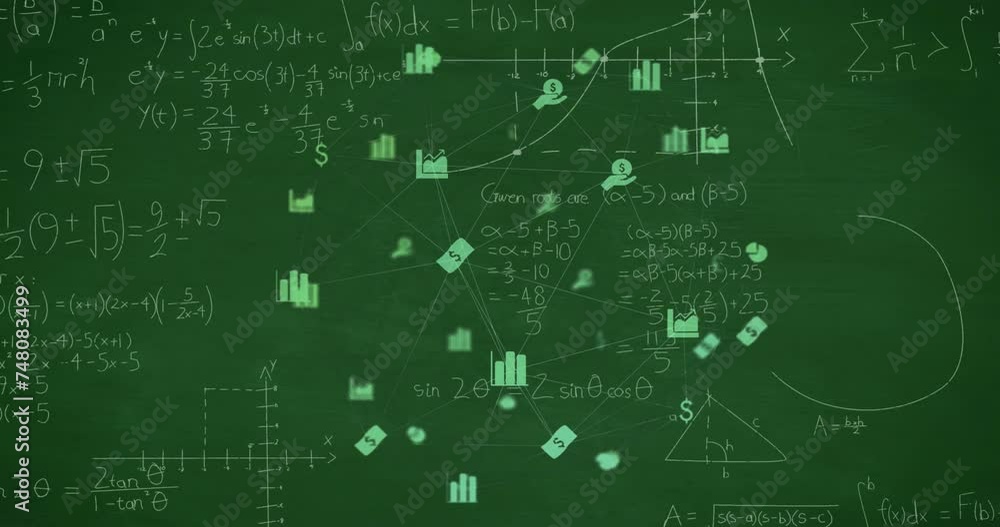 Animation of network of business icons over mathematical equations on chalkboard Animation of network of business icons over mathematical equations on chalkboard