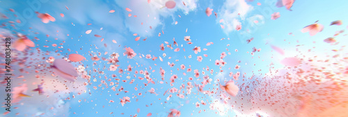 pink blossoms falling from the sky on blue sky background, pink cherry blossoms wallpaper banner, empty space background 