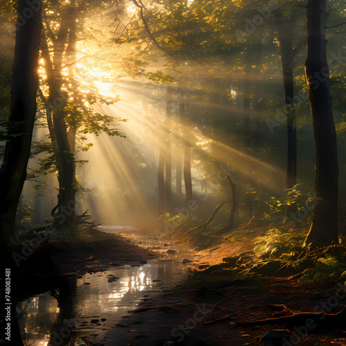 A mystical forest with sunlight streaming through the trees.
