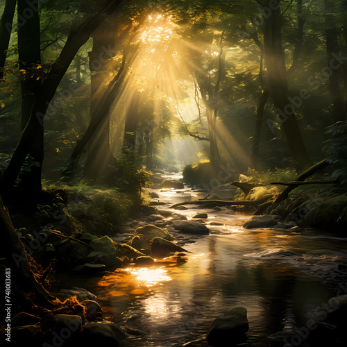 A mystical forest with sunlight streaming through the trees.