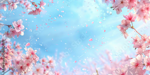 pink blossoms falling from the sky on blue sky background, pink cherry blossoms wallpaper banner, empty space background 