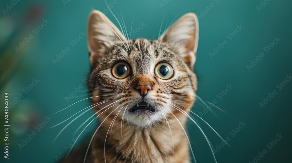 A funny cat with its mouth open in shock on a background of green with a copy space in the middle