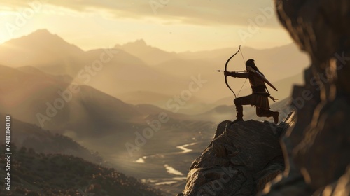 A skilled archer takes advantage of the cover provided by a cliff using it as a vantage point to survey the land and take aim at potential enemies.