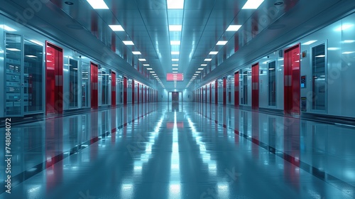 The blue tone of a long corridor in a medical or modern business center. photo