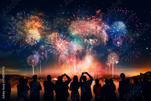 Colorful fireworks light up the night sky as people gather to celebrate, creating a vibrant and joyful atmosphere.