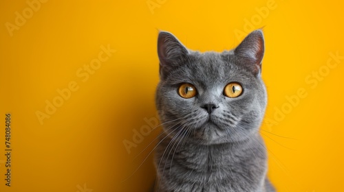 Angry british shorthair cat portrait with a yellow background © DZMITRY