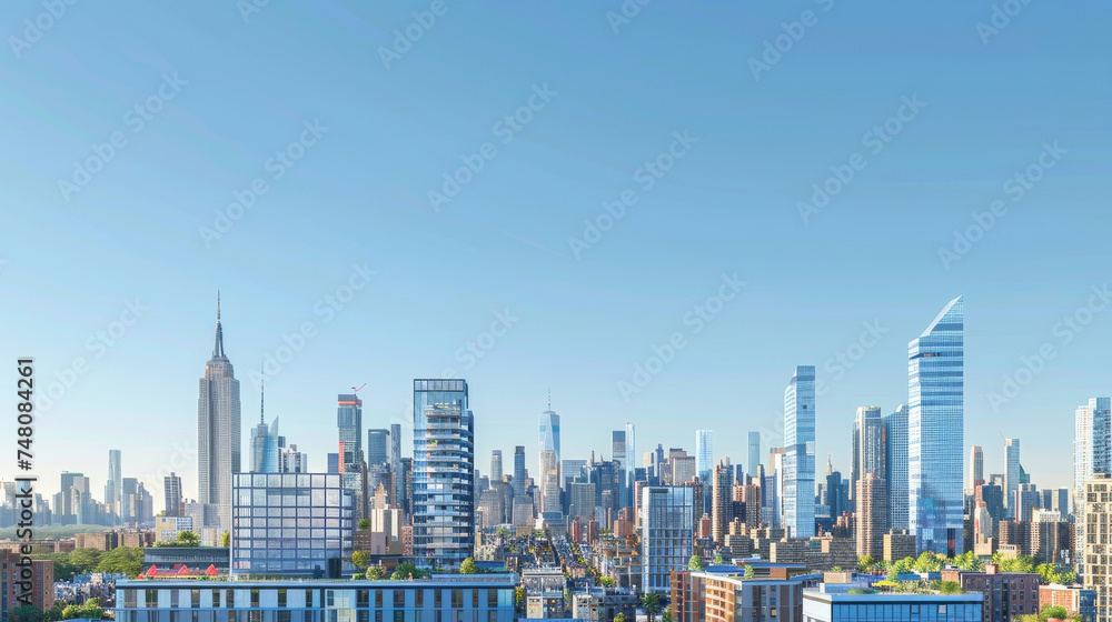panoramic view of a bustling city skyline, where buildings adorned with countless glass windows