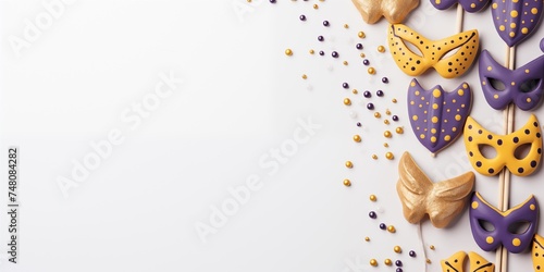 Mardi gras background, happy purim concept. Sweet cookies in shape of carnival mask