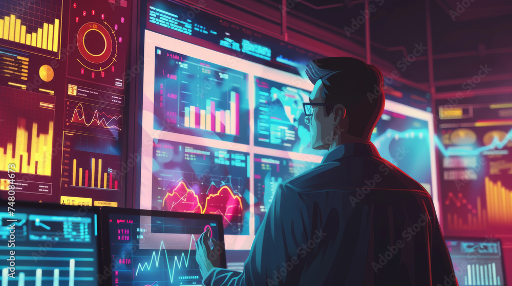 featuring a professional analyzing financial data on a large digital screen. Graphs, accounting reports, and marketing charts fill the screen - obrazy, fototapety, plakaty 