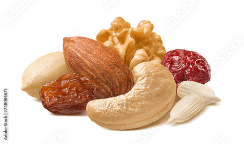 Sunflower seed, almond, cashew, peanut, walnut nut, raisin and cranberry isolated on white background © kovaleva_ka