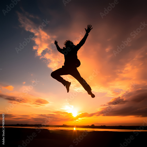 A person in silhouette jumping against a sunset sky
